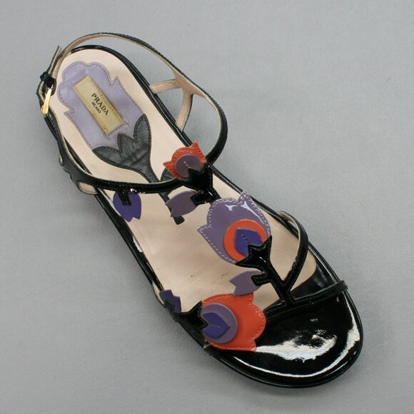 Prada 37.5 Ladies 7.5 Tulip Purple Patent Leather Slingback Wedge Shoes Sandals - Picture 7 of 12